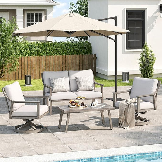 Patio Conversation Sets 4 Pieces - Aluminum Loveseat Outdoor Furniture Sets with Thick Cushion, Coffee Table and Swivel Chairs Set of 2, Rustproof and Waterproof for Porch Deck Yard, Grey