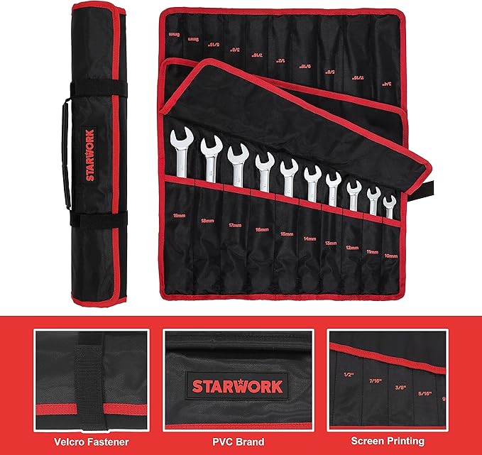 STARWORK TRUE MECHANIC™ 20 Pc. Reversible Ratcheting Combination Wrench Set, Non-Slip, Long Pattern, SAE, Metric, Professional, With Portable Roll-Up Pouch Bag…