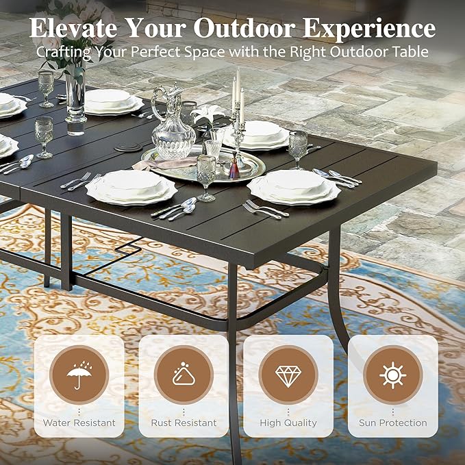 HERA'S HOUSE 7 Pieces Patio Dining Set, Outdoor Dining Set for 6, 6 x Textilene Padded Dining Chair, 1 x Rectangular Large Surface Metal Dining Table, for Lawn Garden Backyard