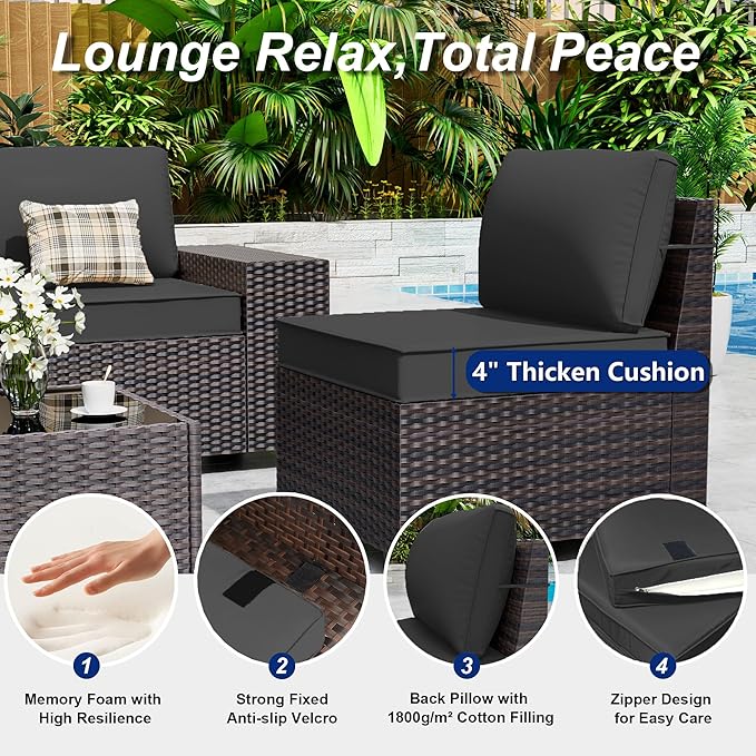 Outdoor Patio Furniture Set with Fire Pit Table, 7 Pieces Patio Furniture Set Outdoor Sectional Sofa w/43in Propane Fire Pit, PE Wicker Rattan Patio Conversation Sets - Black