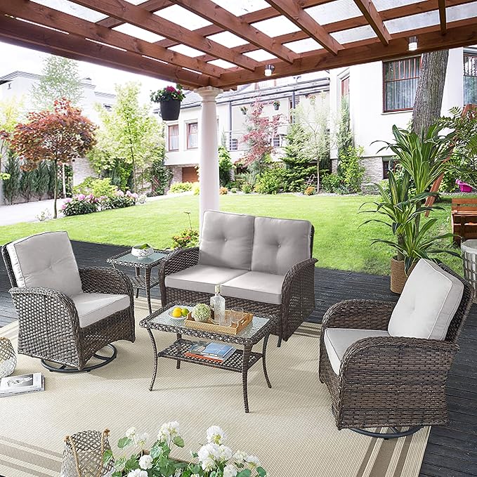 Belord 5 Piece Outdoor Patio Furniture Set with Deep Seating Swivel Rocker Chairs Loveseat and Rattan Coffee Table Outdoor Conversation Sets for Deck Backyard Poolside, Beige