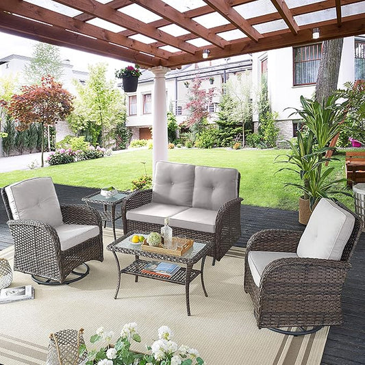 Belord 5 Piece Outdoor Patio Furniture Set with Deep Seating Swivel Rocker Chairs Loveseat and Rattan Coffee Table Outdoor Conversation Sets for Deck Backyard Poolside, Beige