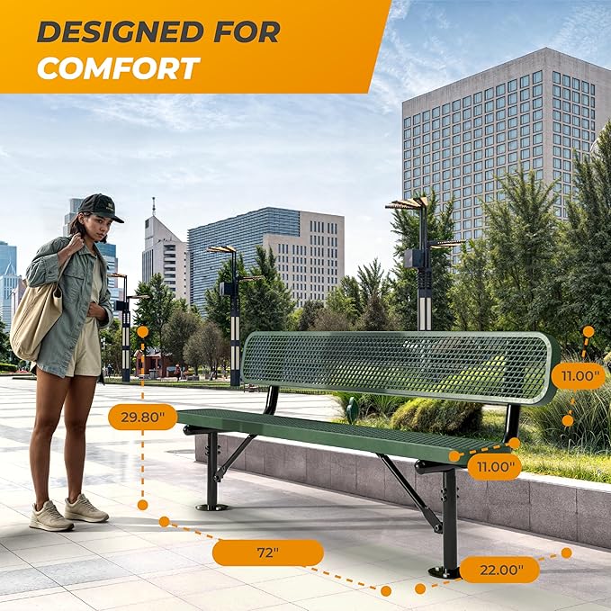 Heavy-Duty Outdoor Metal Bench, Thermoplastic-Coated, Surface, Weatherproof, Commercial-Grade for Parks, Gardens, Patios, Stores & More (6 Ft - Surface with Back, Green)