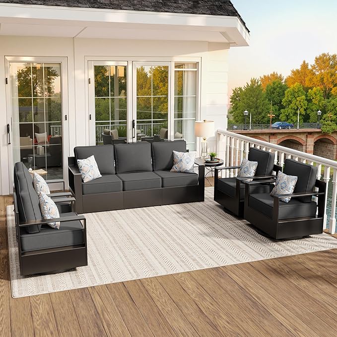 Aluminum Outdoor Conversation Furniture Set - All Weather Patio 79" Sofa with 4 Swivel Rocker Chairs, 6" Water-Resistant Cushions & Furniture Covers & Metal Armrest for Backyard (Grey)