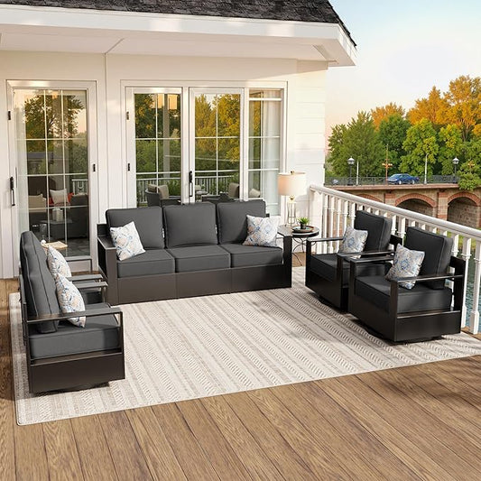 Aluminum Outdoor Conversation Furniture Set - All Weather Patio 79" Sofa with 4 Swivel Rocker Chairs, 6" Water-Resistant Cushions & Furniture Covers & Metal Armrest for Backyard (Grey)