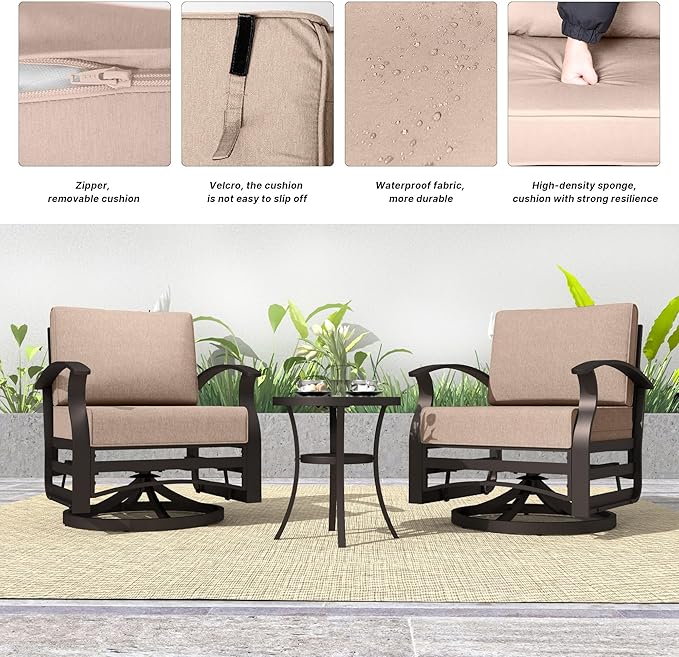 Kurapika 3 Pieces Patio Furniture Set, Outdoor Aluminum Swivel Gliders Rocker, Patio Bistro Set Rocking Chair with Tempered Glass Side Table and Thickened Cushions for Porch Garden Deck (Sand)