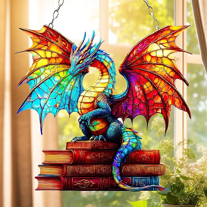Book Dragon Christmas Ornament Colorful Bookish Acrylic Suncatcher Stained Glass Effect Window Hanging for Book Lover Reading Nook Decor Gift for Librarian Readers