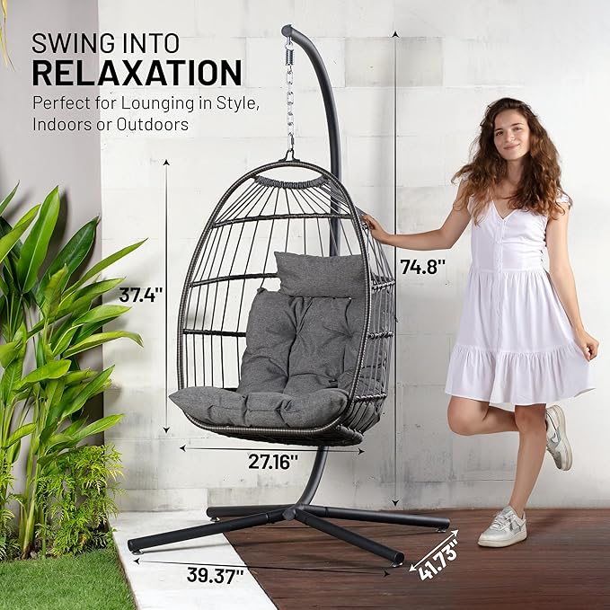 SereneLife Foldable Egg Chair with Stand – Hanging Rattan Wicker Swing for Indoor Outdoor Use – 350 lbs Capacity, Breathable Cushion & Headrest – Patio, Balcony, Porch, Bedroom Lounge Furniture