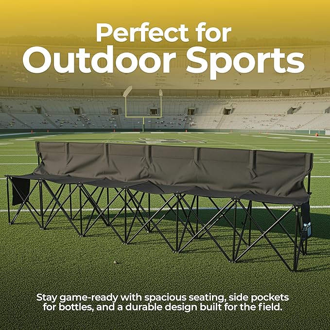 Folding Bench Seat with 2 Pockets for Easy Storage – Portable Lightweight Weather Resistant Sideline Seating Team Bench with a Carrying Bag for Soccer | Baseball | Camping