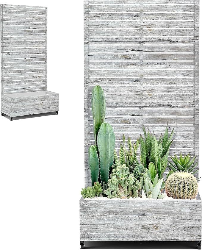 Metal Planter Boxs with Trellis & Wheels for Outdoor Plants, Vines, Large Raised Garden Beds with Drainage Holes for Patio (35" L, Gray Oak Grain)