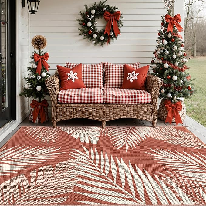 GENIMO Outdoor Rug 6' x 9' Waterproof for Patios Clearance, Reversible Plastic Straw Camping Carpet, Area Rug for RV, Picnic, Backyard, Deck, Balcony, Porch, Beach, Christmas Decorations, Brick&Red
