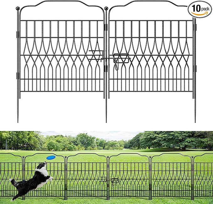 Bepatio 10 Panels Garden Fence Border with Latch, 24in (H) x 20ft (L) Dog Fence Outdoor for Yard, Arc Metal Fencing Panels, Animal Barrier Fencing for Outdoor, Patio, Flower Bed