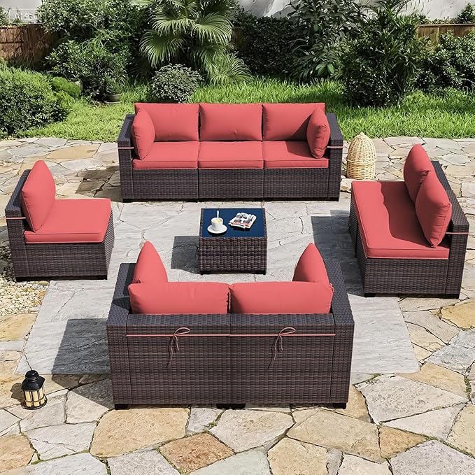 ALAULM Patio Furniture Set with Coffee Table, 9 Pieces Outdoor Sectional with Wide Seat and Thick Cushion, All Weather Wicker Rattan Conversation Set for Backyard, Garden, Deck, Red