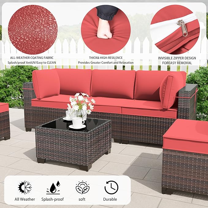Outdoor Patio Furniture Set, 7 Pieces Outdoor Furniture All Weather Patio Sectional Sofa PE Wicker Modular Conversation Sets with Coffee Table,6 Chairs & Seat Clips(Red)