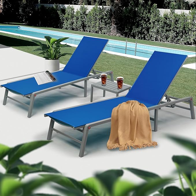 Kozyard Lounge Chair Outdoor Foldable Outdoor Lounge Chair (2Blue Textilence W/Table)