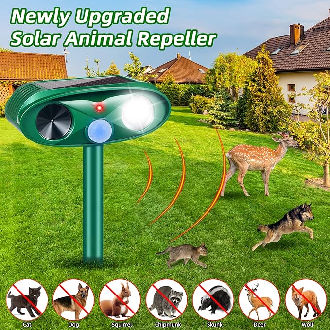 Upgraded Solar Deer Repellent Devices Ultrasonic Animal Repeller Outdoor with Motion Sensor & Flashing Light, Animal Deterrent Devices for Cat Squirrel Raccoon Dog Rabbit Skunk for Yard Garden, 2 Pack