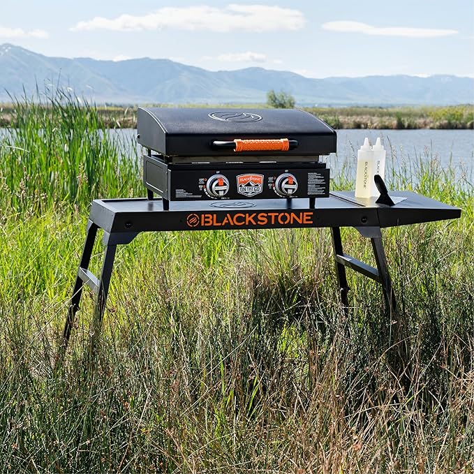 Blackstone 5477 XL 17" and 22" Tabletop Griddle Stand, Adjustable Prep Table with Folding Legs and Side Shelf, Powder Coated Steel, Black