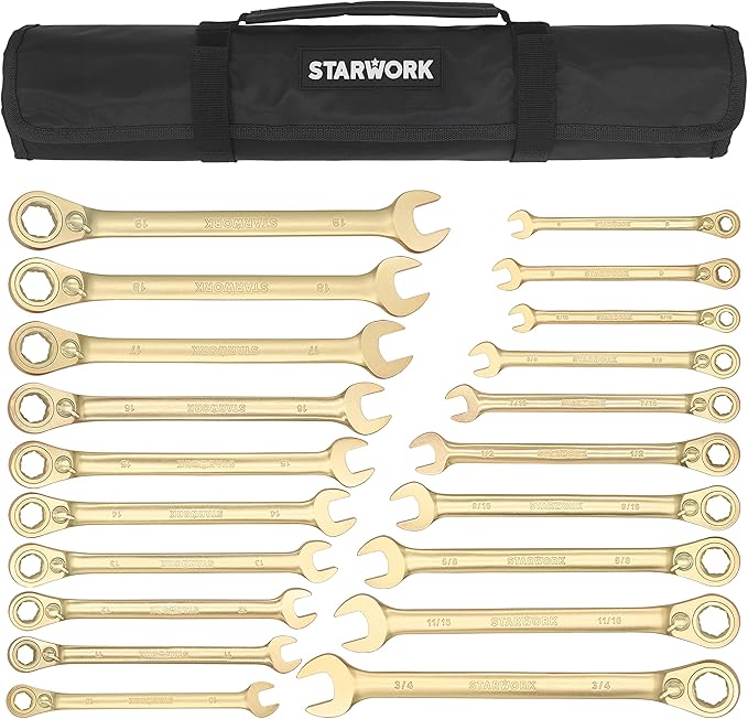 STARWORK 20 Pc. 6-Point SAE, Metric 15° Offset Vintage G-Plating Reversible Non-Slip Long Pattern Ratcheting Combination Wrench Set (5/16" -3/4" & 8-19 mm)