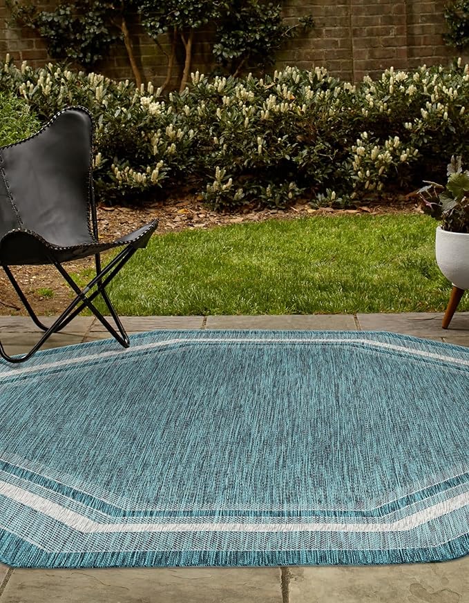 Unique Loom Outdoor Border Collection Area Rug - Soft Border (7' 10" Octagon, Teal/ Ivory)