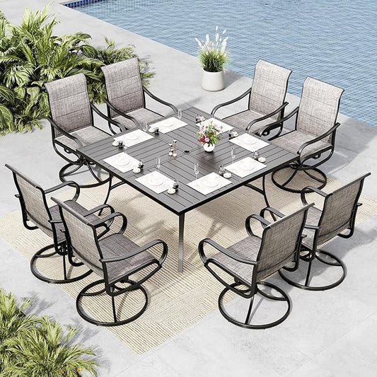 MFSTUDIO Patio Table and Chairs Set, Patio Dining Set for 8 with Umbrella Hole, 9 Piece Outdoor Patio Furniture Set for Deck/Backyard/Poolside/Garden