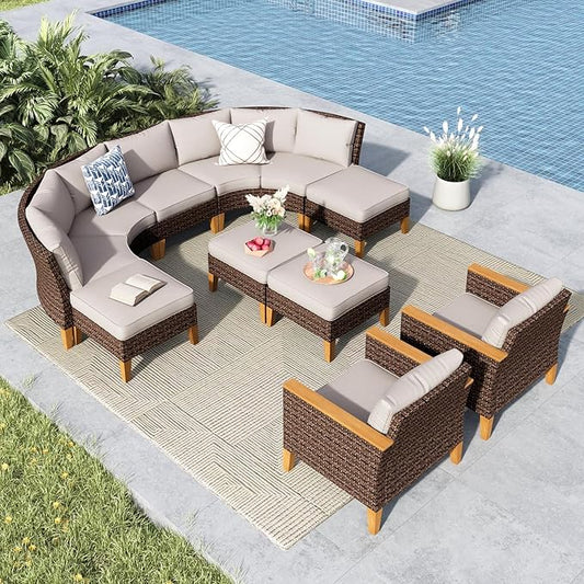 MFSTUDIO Extra Large Wicker Patio Furniture Sets, 10 Pieces All-Weather Half-Moon Curved Rattan Patio Sectional Sofa Set Outdoor Conversation Set with 4" Thick Beige Cushions for Backyard Porch