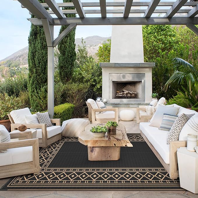 GENIMO Outdoor Rug Waterproof 9'x12' for Patio, Foldable Reversible Plastic Straw Carpet for Travel Trailers, Outside Area Mat for Rv, Deck, Picnic, Porch, Camper, Balcony, Beach, Black & Brown