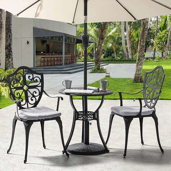 NUU GARDEN 3-Piece Outdoor Bistro Set, Cast Aluminum Patio Bistro Table and Chairs with Umbrella Hole and Grey Cushions, Bistro Set for Patio and Backyard, Black