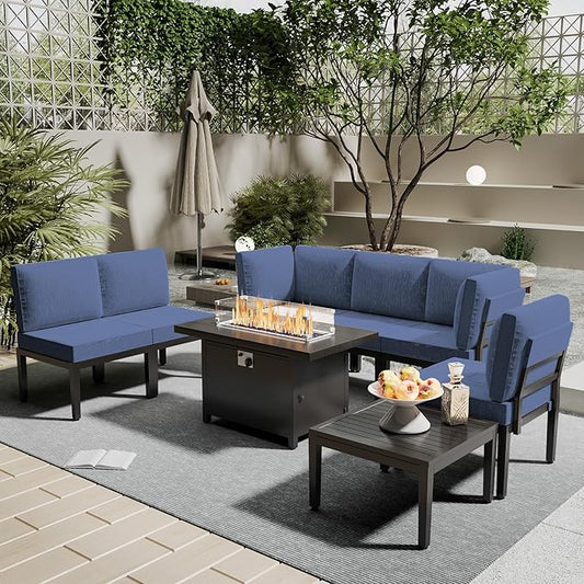 Patio Furniture Set,8 Pieces Modern Outdoor Conversation Set w/43in Gas Fire Pit Table, Outdoor Metal Sectional Sofa with 55000 BTU Propane Fire Pit.