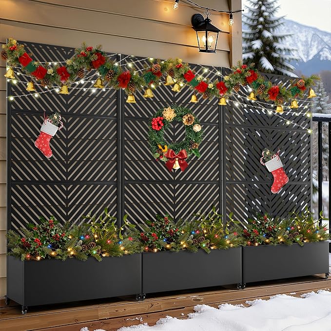 FENCY Metal Planter Box with Diamond Lattice Trellis Planter Box for Climbing Plants/Vines, Galvanized Raised Garden Bed On Wheels, Garden Bed with Trellis(73"x35" White)