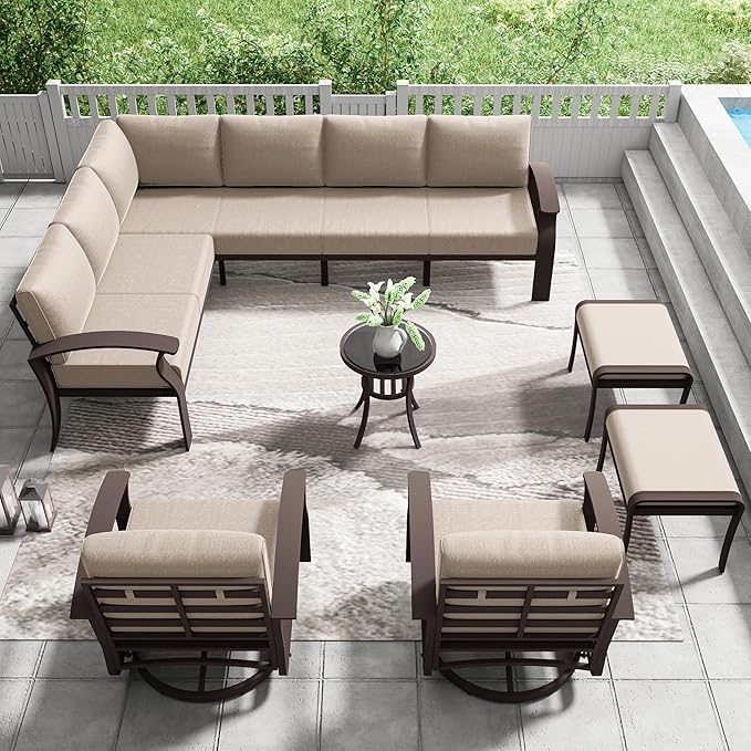 10-seat Aluminum Patio Furniture Set, L-Shaped Sectional Sofa with 5.1" Cushions, High Backrest & 2 Footstools, Durable Outdoor Patio Furniture Set, Backyard, Poolside - Sand