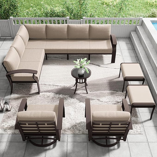 10-seat Aluminum Patio Furniture Set, L-Shaped Sectional Sofa with 5.1" Cushions, High Backrest & 2 Footstools, Durable Outdoor Patio Furniture Set, Backyard, Poolside - Sand