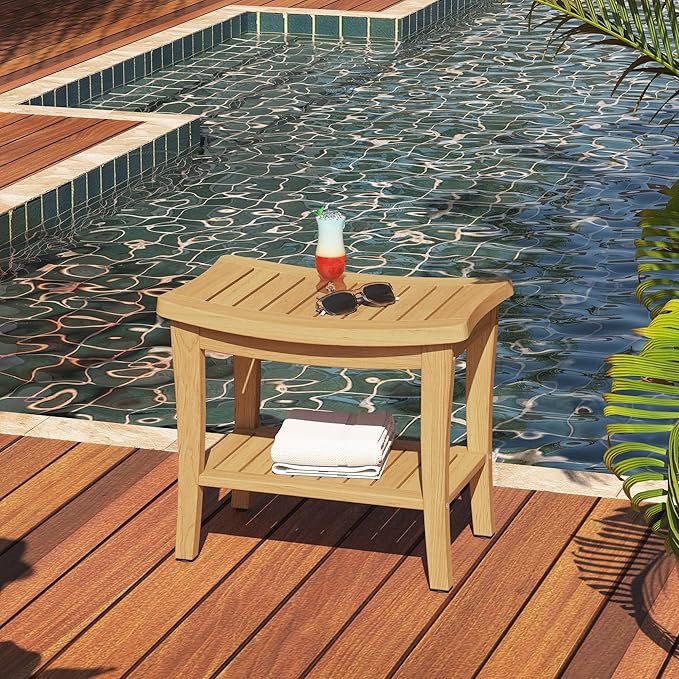 OTSUN Waterproof Teak Shower Bench with Shelf & Non-Slip Feet, Heavy Duty Shower Chair for Inside Shower, Shower Stools for Seniors