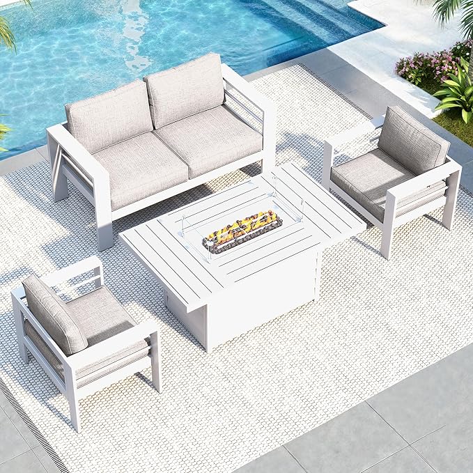 Solaste Aluminum Patio Furniture Set with Fire Pit Table, 4 Piece Metal Outdoor Furniture with Water-Resistant Cushions, Modern Patio Conversation Set for Balcony, Front Porch, and Backyard, White