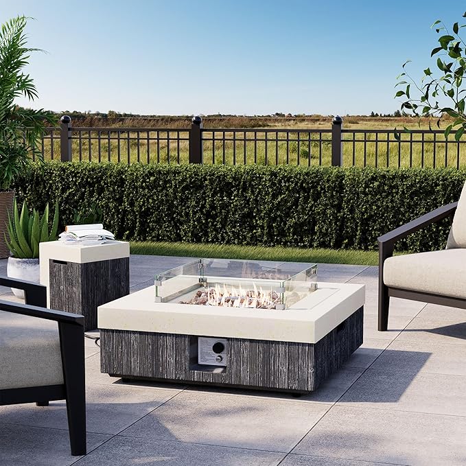 COSIEST 35" Outdoor Propane Fire Pit Table w Tank Cover & Wind Guard, Square Gas Fire Pit Table with Concrete & Wood Grain Design, 50000BTU Fire Tables for Patio, Backyard, Garden
