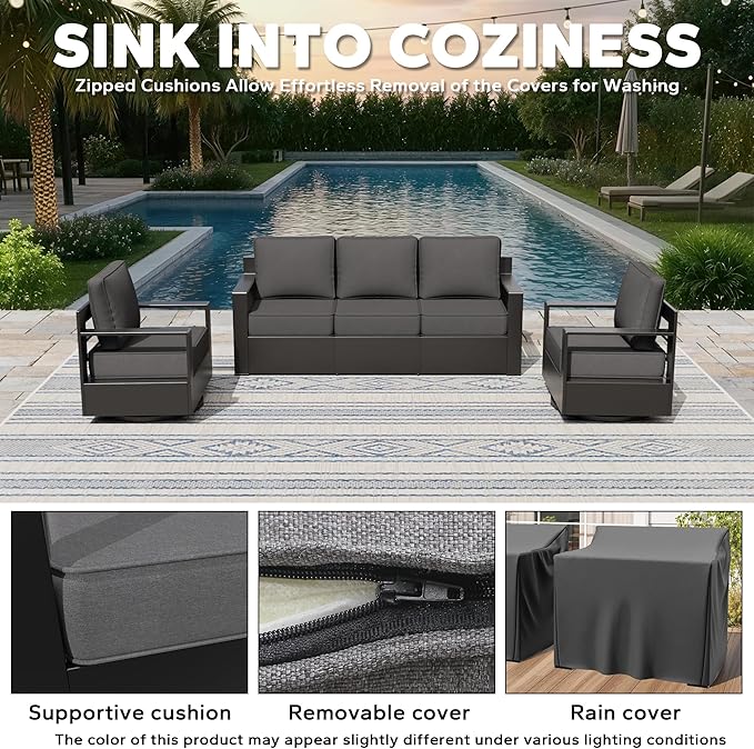 Aluminum Patio 79" Sofa Set with 2 Swivel Rocker Chairs, All Weather Outdoor Conversation Furniture with Metal Armrest & 6" Removable Cushions & Furniture Covers for Deck (Grey)