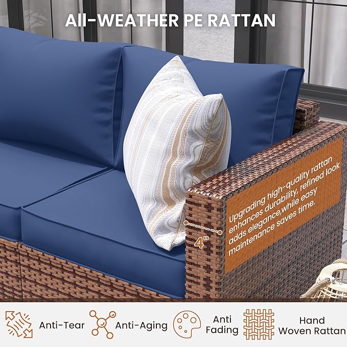 UDPATIO Patio Furniture Set with 44" Fire Pit Table, 5 Pieces Outdoor Furniture Sets, Wicker Rattan Patio Conversation Sets with Outdoor Sofa Waterproof Covers for Porch Deck Backyard, Blue