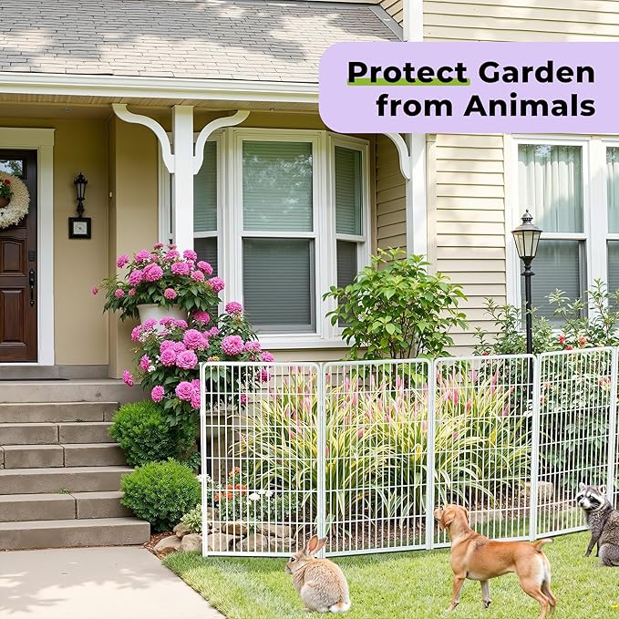 SunsGrove Tall Garden Fence with Gate, 40 in(H) x 17.8 ft(L) 8 Panels Heavy Duty Metal Animal Barrier Fence for Yard, Suitable for Indoor or Outdoor Dog Pet Fence, Garden Fence Border, White