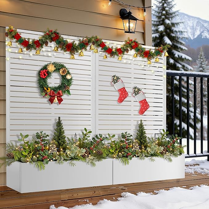 FENCY Metal Raised Garden Bed with Trellis, Metal Planter Box with Trellis, Garden Box for Climbing Plants Vegetable, 47" Lx16 Wx71 H Garden Bed with Drainage Holes(White-Louvered)