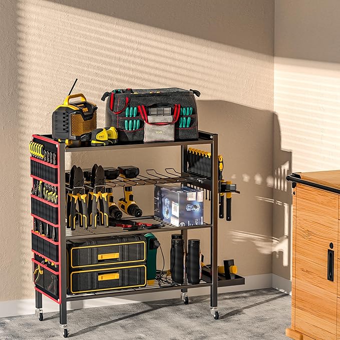 Ultrawall Power Tool Organizer Cart, 4-Tier Rolling Tool Storage Stand with Wheels, Garage Floor Tool Holder with Side Storage Pockets, Gift for Men