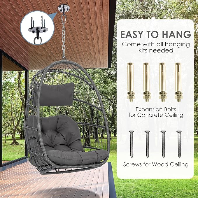Hanging Egg Chair - Patio Rattan Wicker Swing Egg Chair Hammock Chair for Indoor Outdoor Bedroom Garden - Aluminum Steel Frame UV Resistant Cushion (Aluminum-Without Stand, Dark Grey)