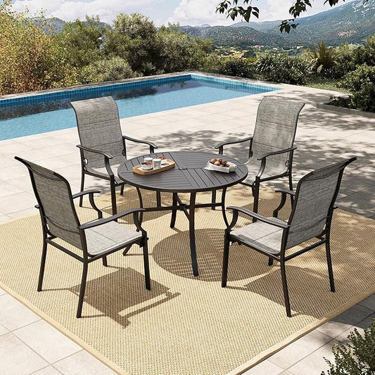 HERA'S HOUSE 5 Pieces Patio Dining Set, Outdoor Dining Set for 4, 4 x Testilene Dining Chair, 1 x 42” Round Metal Dining Table, for Lawn Garden Backyard