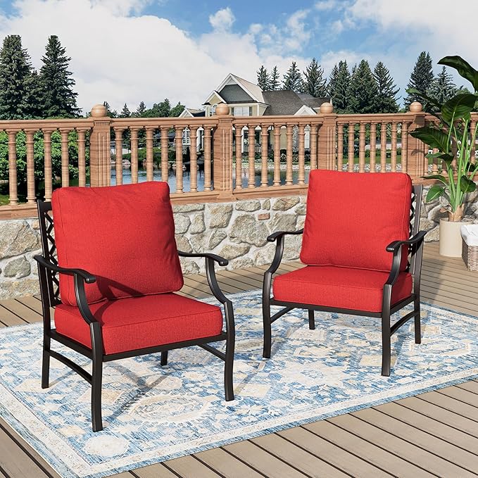 Patio Chairs Set of 2, High Back Outdoor Patio Metal Leg Chairs with 5.75" Thick Cushions for Bistro Balcony Porch Deck and Yard, Red