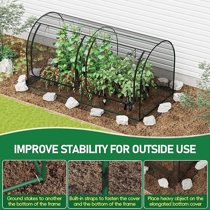 SPECILITE 98x49x49in Garden Plant Netting Mesh Cover for Raised Bed with Roll-up Zipper Door for Vegetables Fruits, Large Tunnel Gardening Net, Black