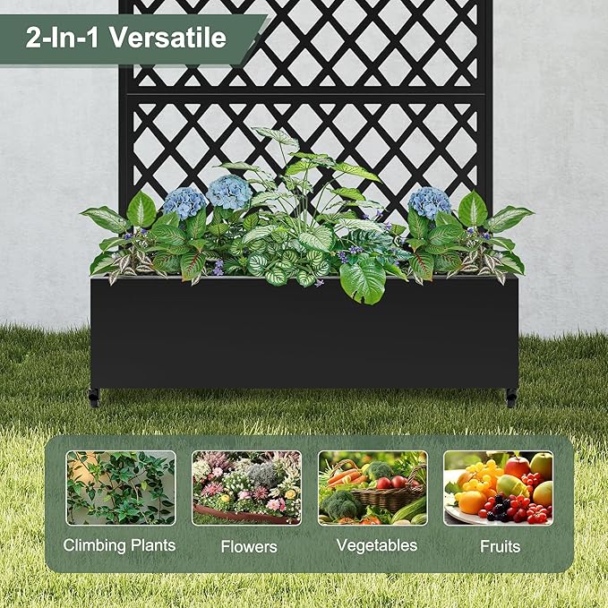 Metal Large Planter Box with Trellis for Climbing Plants Vegetables, Raised Garden Bed with Privacy Screen, 47"L×16"W×71"H Garden Boxes with Wheels & Drainage Hole (Black Diamond Lattice)