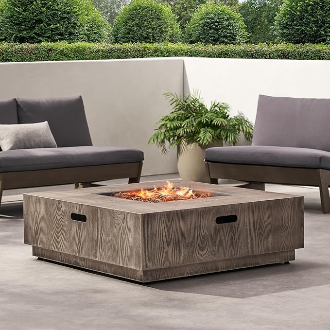 Propane Fire Pit Table, 39" Iron Firepits for Outside, Square Gas Fire Pit for Outside Patio, Propane Fire Table for Deck, Pool, 50,000BTU, Tank Outside, Tank Not Included, Wood