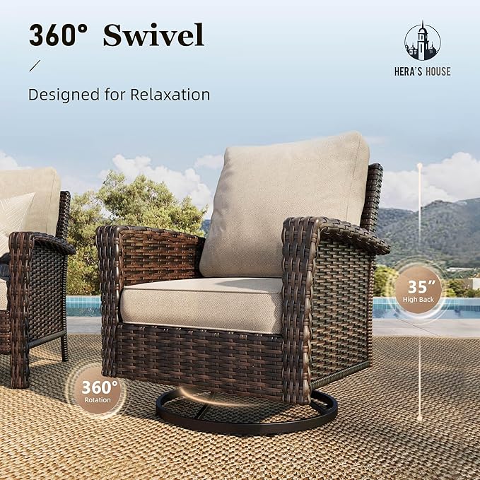 HERA’S HOUSE Wicker Patio Furniture Set, High Back Swivel Chairs with 5.5-Inch Thick Cushions, 6-Piece Outdoor Deep Seating Conversation Sets with Fire Pit Table & Ottomans for Deck Yard Garden, Beige