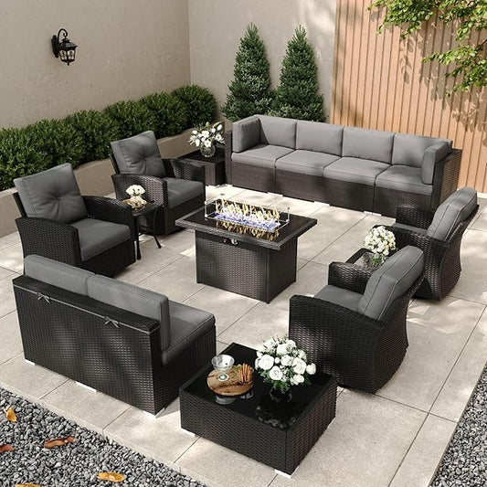 Patio Furniture Set with Fire Pit Table, 15 Pieces Outdoor All-Weather Wicker Conversation Sectional Chair Sofa Set with 4 Swivel Chairs