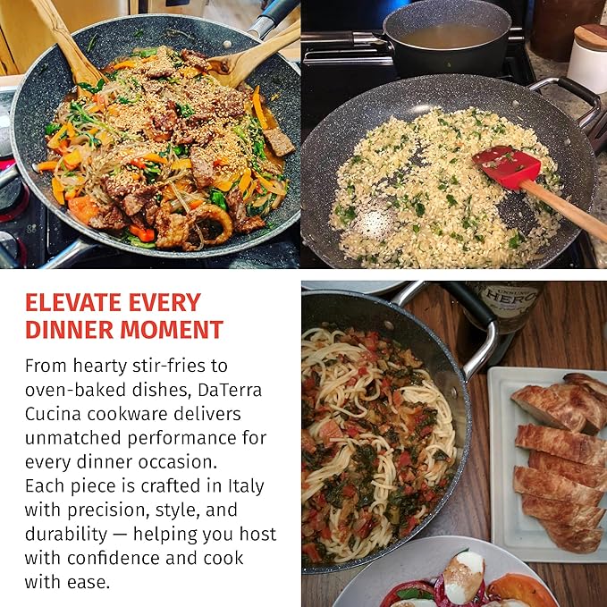 DaTerra Cucina Nonstick Dinner Party Bundle – 2.6 Qt Saucepan with Lid, 9.5" & 13" Frying Pans and 13" Wok and 8 Qt Dutch Oven with Lids, Durable Ceramic Coating, Made in Italy – Volcanic Black