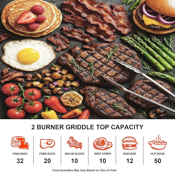 Brand-Man 2 Burner Portable Propane Griddle with Hood, 18,000 BTU Tabletop Flat Top Gas Grill with Warming Rack & Regulator for Outdoor Cooking, Camping BBQ, Tailgating Picnicking