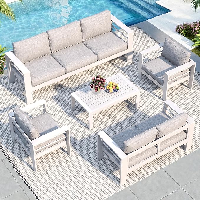 Solaste Aluminum Patio Furniture Set for All Weather, Oversized Metal Outdoor Furniture Set with 27.5" Deep Seating and 3.2" Wide Armrest, Outdoor Patio Conversation Set with 5" Cushion, White